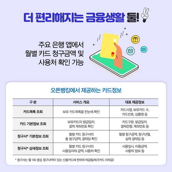 2. 주요 은행 앱에서 월별 카드 청구금액 및 사용처 확인 가능