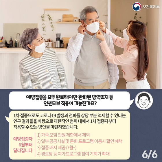 예방접종을 모두 완료해야만 완화된 방역조치 등 인센티브 적용이 가능한가요?