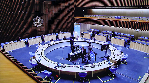 지난 5월 24일 스위스 제네바 세계보건기구(WHO) 본부에서 열린 제74차 세계보건기구(WHO) 회의.