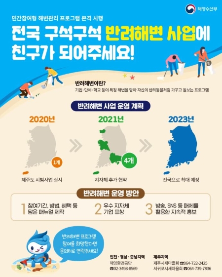 해양수산부는 반려해변 프로그램을 오는 2023년까지 전국 11개 광역지자체로 확대할 계획이라고 밝혔다.