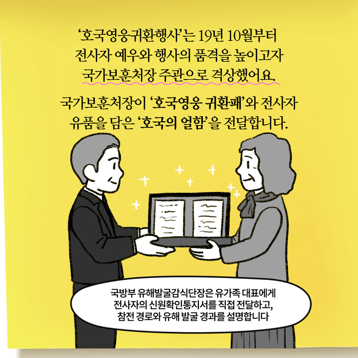 국가보훈처장이 ‘호국영웅 귀환패’와 전사자 유품을 담은 ‘호국의 얼함’을 전달합니다.