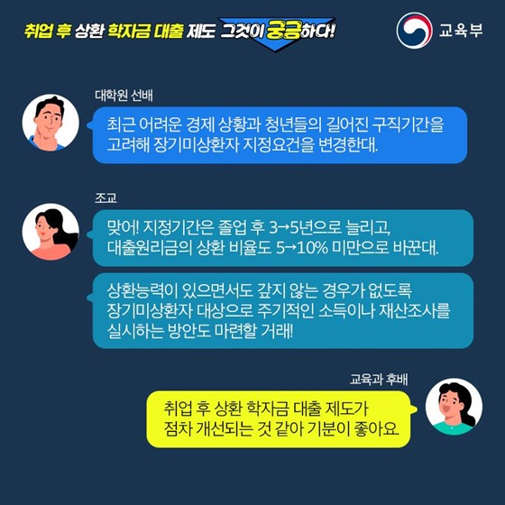 취업 후 상환 학자금 대출 제도가 점차 개선되는 것 같아 기분이 좋아요.