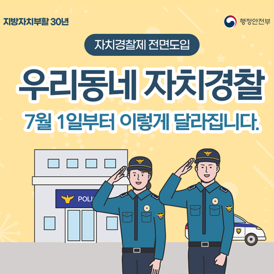 지방자치불활 30년 행정안전부 자치경찰제 전면도입 우리동네 자치경찰 7월 1일부터 이렇게 달라집니다.