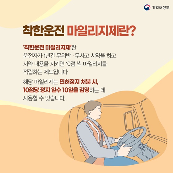 착한운전 마일리지제란? ‘착한운전 마일리지제’란 운전자가 1년간 무위반·무사고 서약을 하고 서약 내용을 지키면 10점 씩 마일리지를 적립하는 제도입니다.