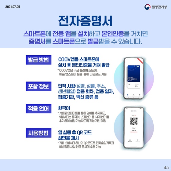 전자증명서 스마트폰에 전용 앱을 설치하고 본인인증을 거치면 증명서를 스마트폰으로 발급받을 수 있습니다.