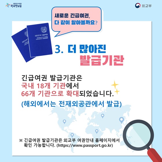 긴급여권 발급기관은 국내 18개 기관에서 66개 기관으로 확대되었습니다.