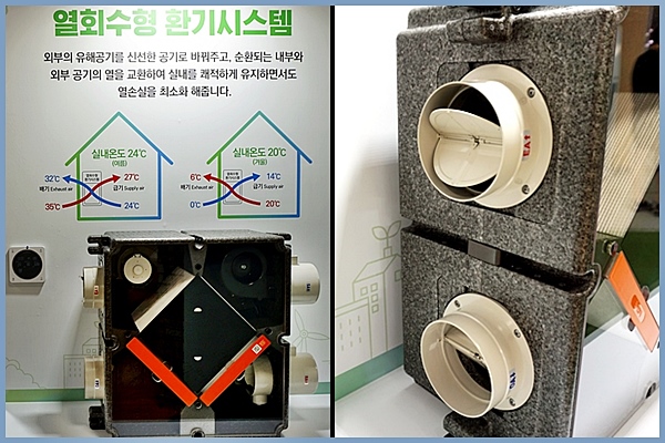 열회수형환기시스템(왼쪽)과 가까이서 본 강력한 환기효과(오른쪽).