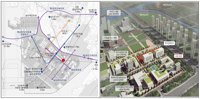 인천 송도 ‘K-바이오 랩허브’ 후보지 위치 및 예상 조감도.