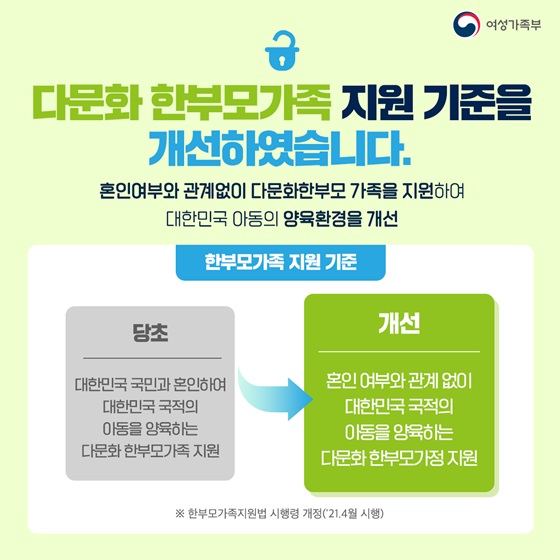 다문화 한부모가정 지원 기준을 개선하였습니다.