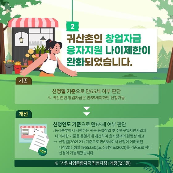 2. 귀산촌인 창업자금 융자지원 나이제한이 완화되었습니다.