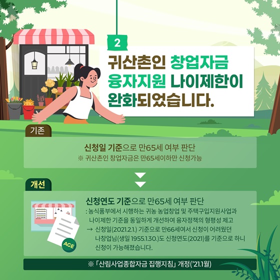 2. 귀산촌인 창업자금 융자지원 나이제한이 완화되었습니다.