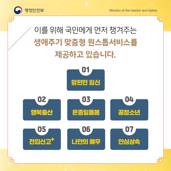 국민에게 먼저 챙겨주는 생애주기 맞춤형 원스톱서비스를 제공하고 있습니다.