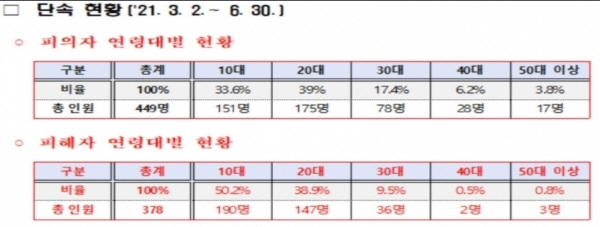 사이버성폭력 불법유통망.유통사범 집중단속 결과, 10대 피해자가 절 반 가까이 차지했다. (출처=경찰청 국가수사본부)