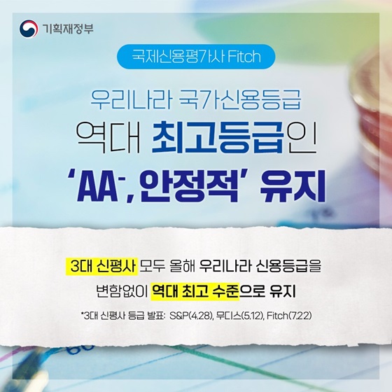 우리나라 국가신용등급 역대 최고등급인 ‘AA-, 안정적’ 유지