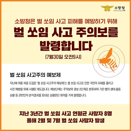 벌 쏘임 사고 주의보를 발령합니다