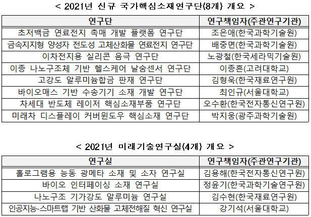 나노·소재기술개발 사업을 맡을 8개 국가핵심소재연구단과 4개 미래기술연구실이 올해 신규 출범한다.