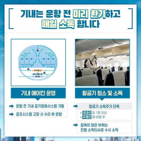 기내는 운항 전 미리 환기하고 매일 소독 합니다.