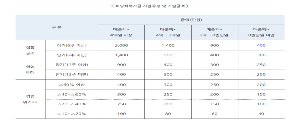 희망회복자금 지원 유형 및 지원금액(출처=중소벤처기업부)