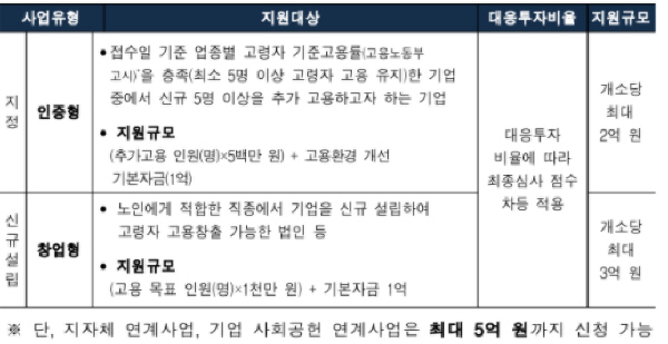 고령자친화기업 사업유형 및 지원내용(출처=보건복지부)