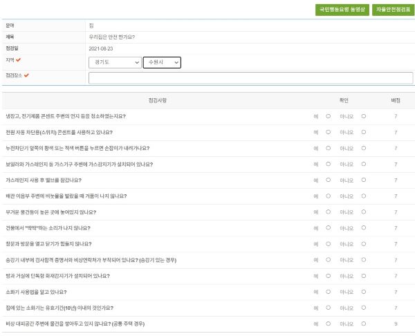 국가안전대진단 기간에 맞춰 올려진 우리집 자가안전진단 문항