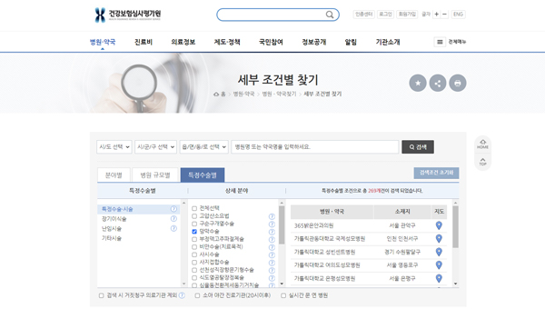 병원.약국 찾기 서비스의 특정 수술별 병원 조회. (출처=건강보험평가원 홈페이지)