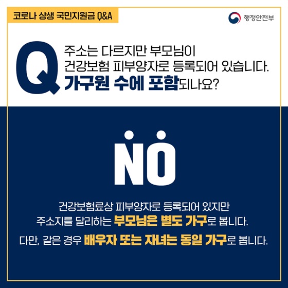 주소는 다르지만 부모님이 건강보험 피부양자로 등록되어 있습니다. 가구원 수에 포함되나요?