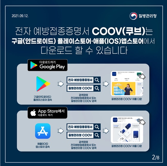 전자 예방접종증명서 COOV(쿠브)는 구글(안드로이드) 플레이스토어·애플(IOS)앱스토어에서 다운로드 할 수 있습니다.