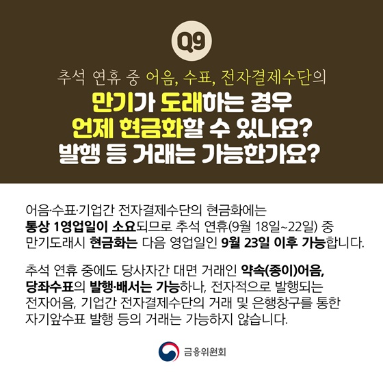 추석 연휴 중 어음, 수표, 전자결제수단의 만기가 도래하는 경우 언제 현금화할 수 있나요? 발행 등 거래는 가능한가요?