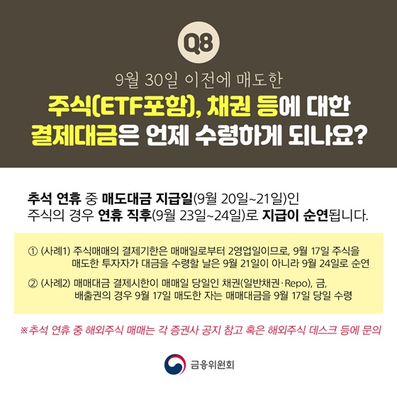 9월 30일 이전에 매도한 주식(ETF포함), 채권 등에 대한 결제대금은 언제 수령하게 되나요?