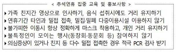 추석연휴 집중 교육 및 홍보사항
