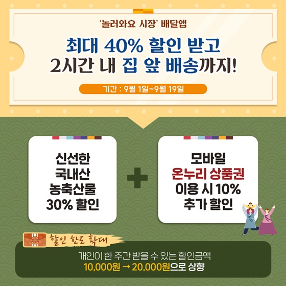 놀러와요 시장 배달앱 최대 40%할인 받고 2시간 내 집 앞 배송까지!