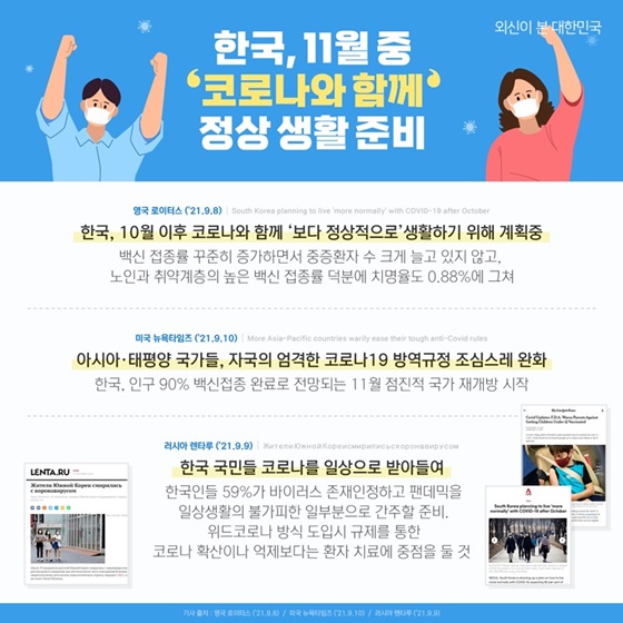 한국, 11월 중 코로나와 함께 정상 생활 준비