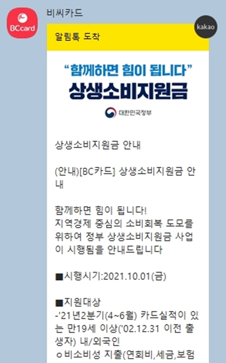 필자가 받은 알림톡.(출처=비씨카드, 카카오톡)