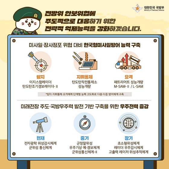 전방위 안보위협에 주도적으로 대응하기 위한 전략적 억제능력을 강화하겠습니다.