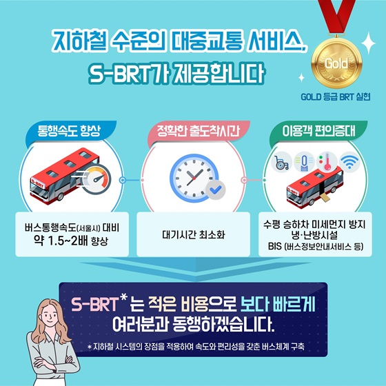 지하철 수준의 대중교통 서비스 S-BRT가 제공합니다.
