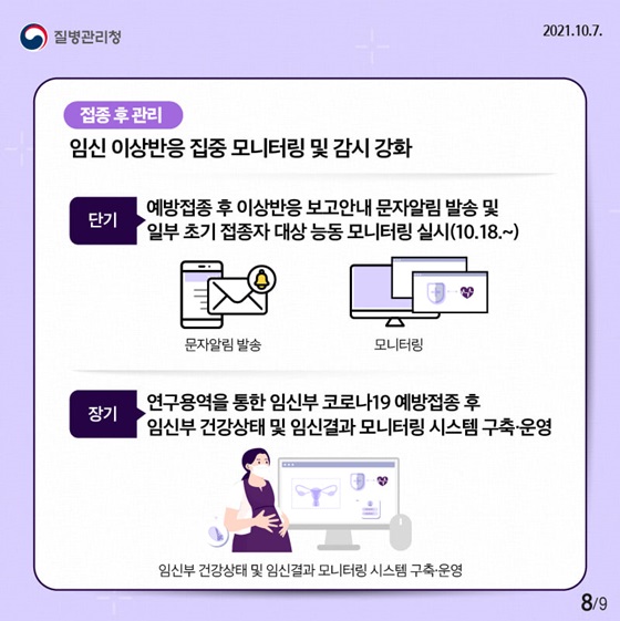 접종 후 관리. 임신 이상반응 집중 모니터링 및 감시 강화