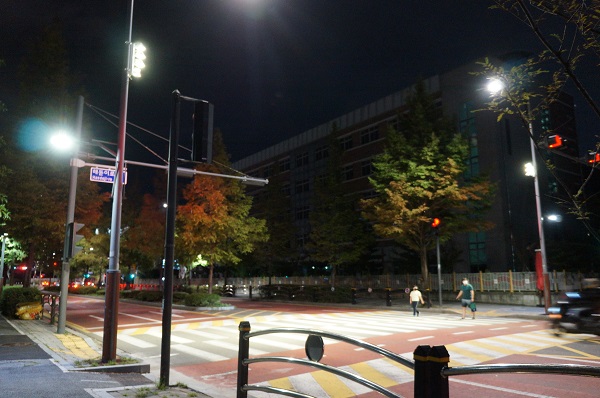 LED 투광기가 설치된 송도국제도시 초등학교 앞 횡단보도