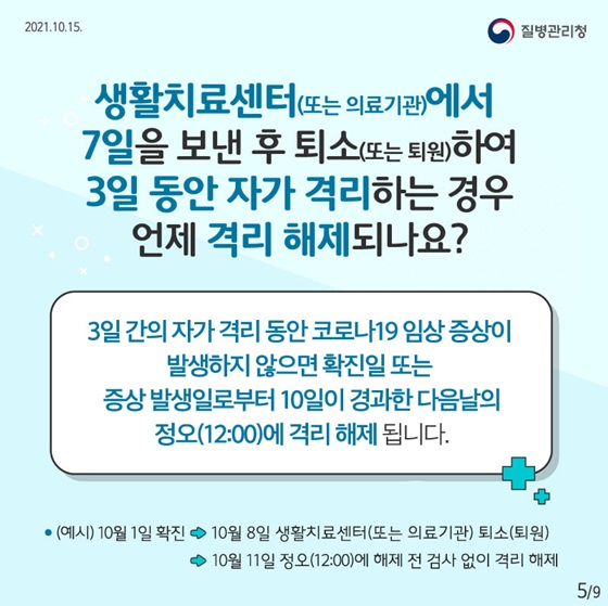 생활치료센터(또는 의료기관)에서 7일을 보낸 후 퇴소(또는 퇴원)하여 3일 동안 자가 격리하는 경우 언제 격리해제되나요?