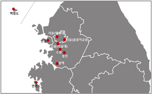 제2차 대기질 국제공동사전조사 관측지점. 인천(국립환경과학원), 백령도(국립환경과학원), 안면도(국립기상과학원), 서울(서울대, 서울시보건환경연구원, 연세대), 용인(한국외대), 수원(선경도서관), 평택(안중읍 행정복지센터)