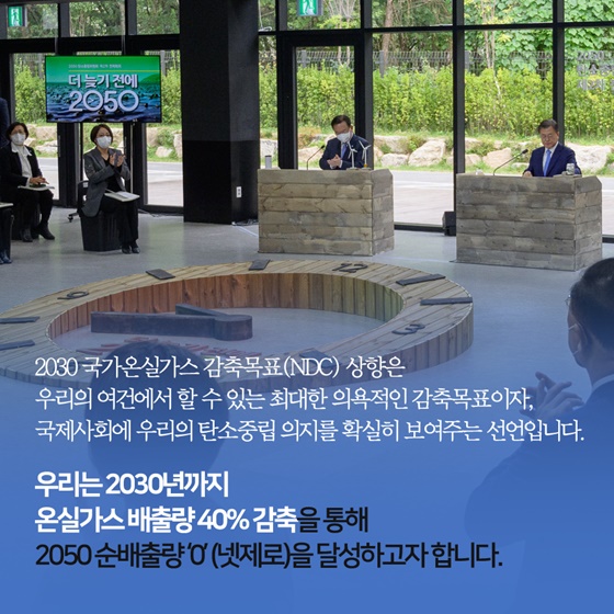 온실가스 배출량 40% 감축을 통해 2050 순배출량 ‘0’(넷제로)을 달성하고자 합니다.