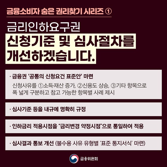 금리인하요구권 신청기준 및 심사절차를 개선하겠습니다.