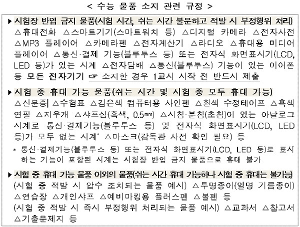 수능 물품 소지 관련 규정.(표=교육부)