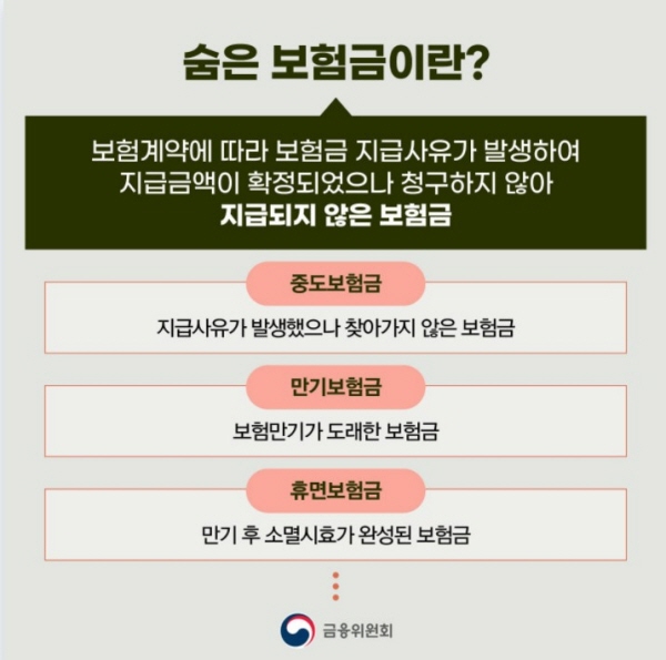 숨은보험금은 중도보험금, 만기보험금, 휴면보험금을 말한다.(출처 : 금융위원회)