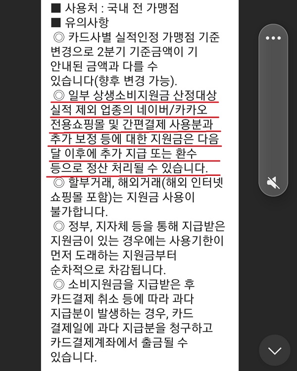 카드사에서 안내한 상생소비지원금 유의사항