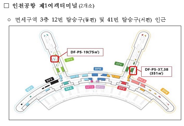 인천공항 제1여객터미널(2개소) : 면세구역 3층 12번 탑승구(동편) 및 41번 탑승구(서편) 인근