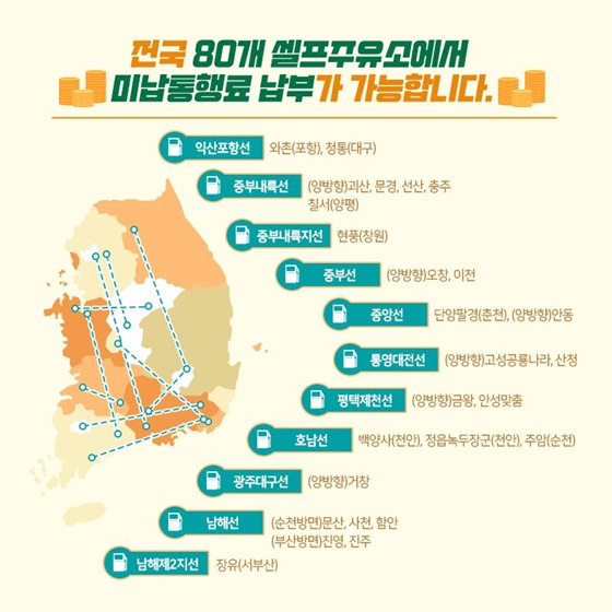 전국 80개 셀프주유소에서 미납통행료 납부가 가능합니다.