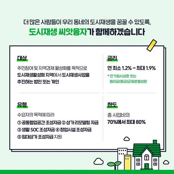도시재생을 꿈꿀 수 있도록, 도시재생 씨앗융자가 함께하겠습니다.