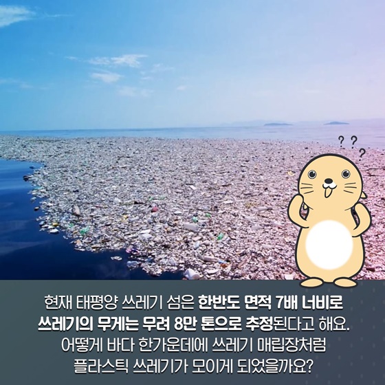 현재 태평양 쓰레기 섬은 한반도 면적 7배 너비로 쓰레기의 무게는 무려 8만 톤으로 추정된다고 해요