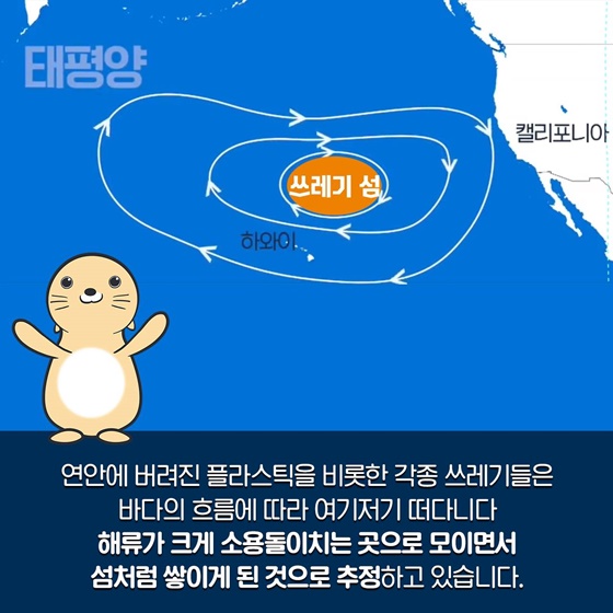 바다의 흐름에 따라 여기저기 떠다니다 해류가 크게 소용돌이치는 곳으로 모이면서 섬처럼 쌓이게 된 것으로 추정