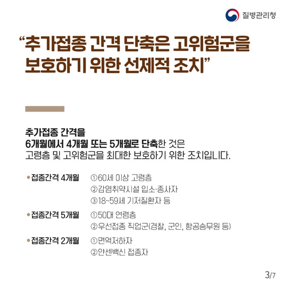 추가접종 간격을 6개월에서 4개월 또는 5개월로 단축한 것은 고령층 및 고위험군을 최대한 보호하기 위한 조치